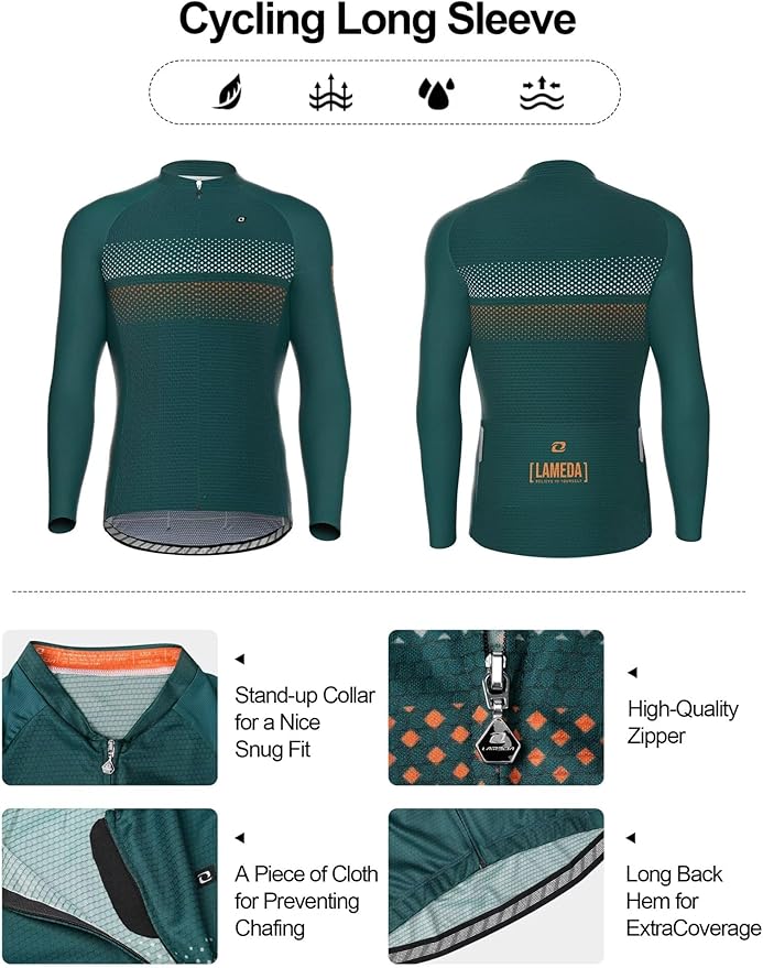 LAMEDA Men's Cycling Jersey Long Sleeve, Breathable Moisture Wicking Bike Shirt, Lightweight Biking Shirt with 3 Rear Pockets