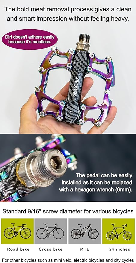 GORIX Bike Flat Pedals Wide CNC Lightweight with Non-Slip Pin Spike Oil Slick Road Mountain MTB Bicycle (GX-Fi777)