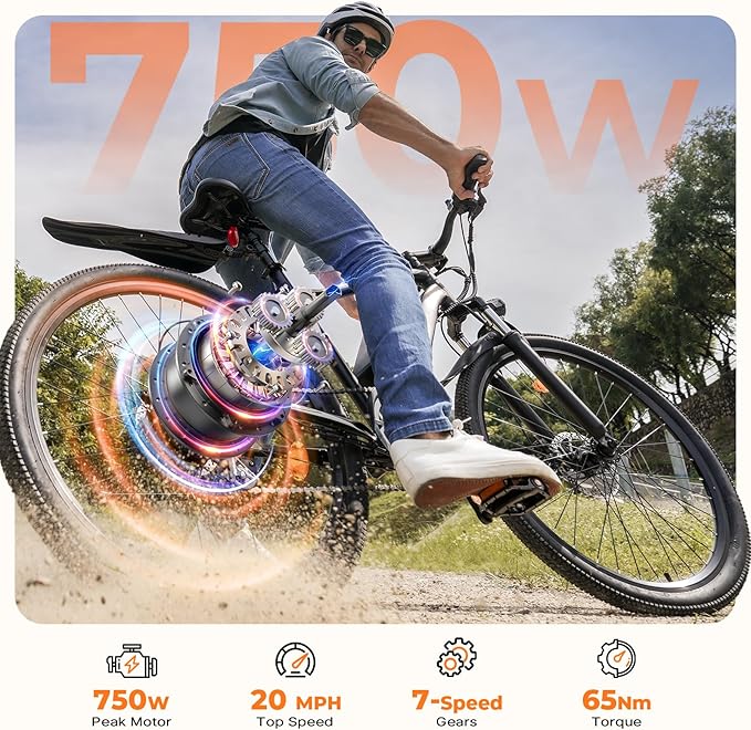 Electric Bike, 750W Peak Motor, 60+ Miles & 20MPH, 26'' Tires E-Bikes, Shock Absorber, Commuting Electric Bike for Adults