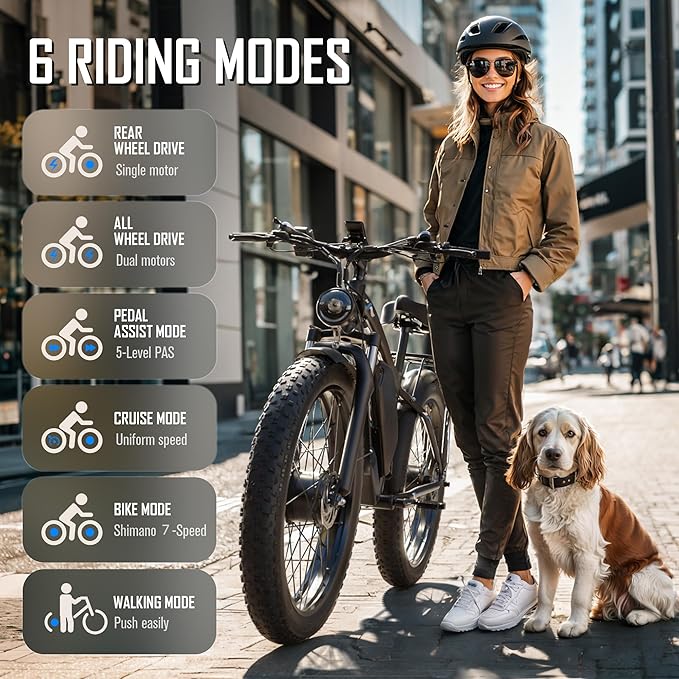 Dual Motor Electric Bike for Adults-6000W Peak, 52V 34AH Battery, 40-45MPH 100 Miles Long Range Ebike, Fat Tire 24 Inch, 7-Speed Hydraulic Brake, Electric Bicycles for Mountain Commuter