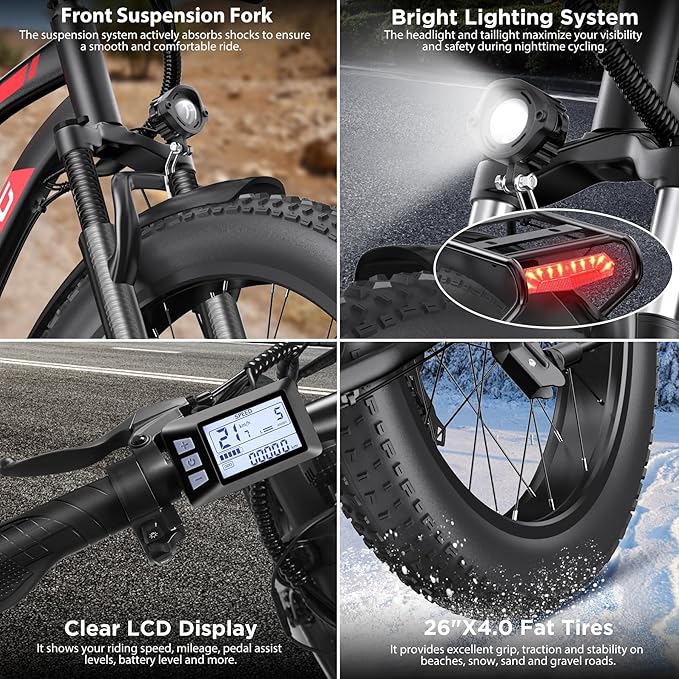 Electric Bike for Adults, 1000W Peak Ebike, 25MPH 60Miles Electric Mountain Bike, 26" Fat Tire Electric Bicycle with 48V 13AH Battery, Front Suspension,7 Speed, Rear Rack, UL 2849 Certified