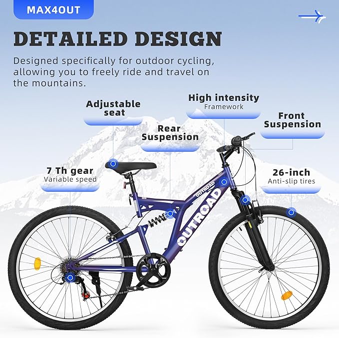 26 inch Mountain Bike Dual Full Suspension, Outdoor Hybrid Bikes,7-Speed/High-Carbon Steel, for Men Women Adult, MTB Bicycle with Suspension Fork,Sleek Colors