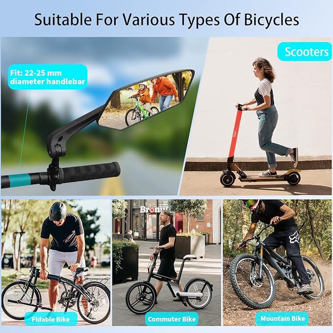 Bike Mirror, 1 Pair 360˚ Rotatable Bicycle Mirrors for Handlebars, Adjustable HD Wide Angle Bicycle Cycling Mirror, Bike Handlebar Rearview Mirror for Mountain Road Adult Bike, Ebike (Clear View)