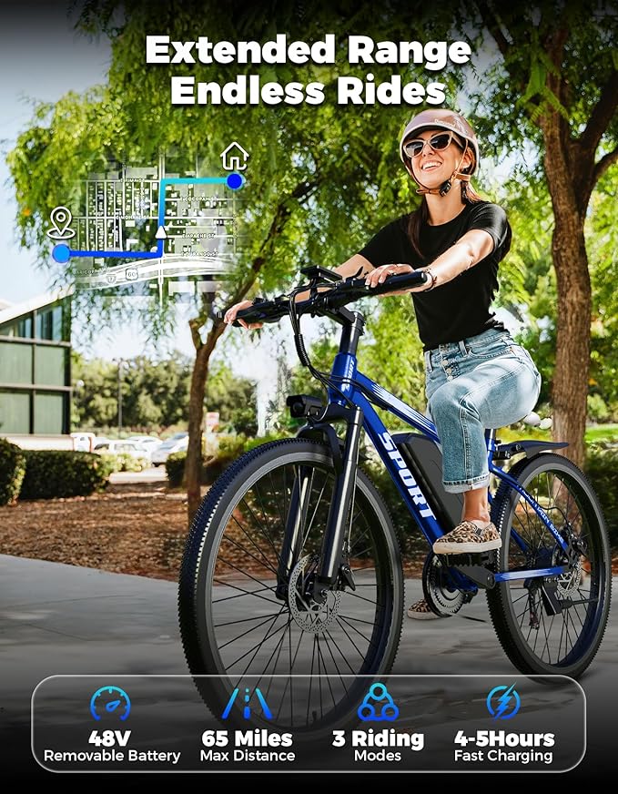 Electric Bike for Adults, 1500W Peak Mountain Ebike with 25 MPH, 65 Miles Range, 7 Speeds, 48V 10Ah Removable Battery 26" Ebike for Commute