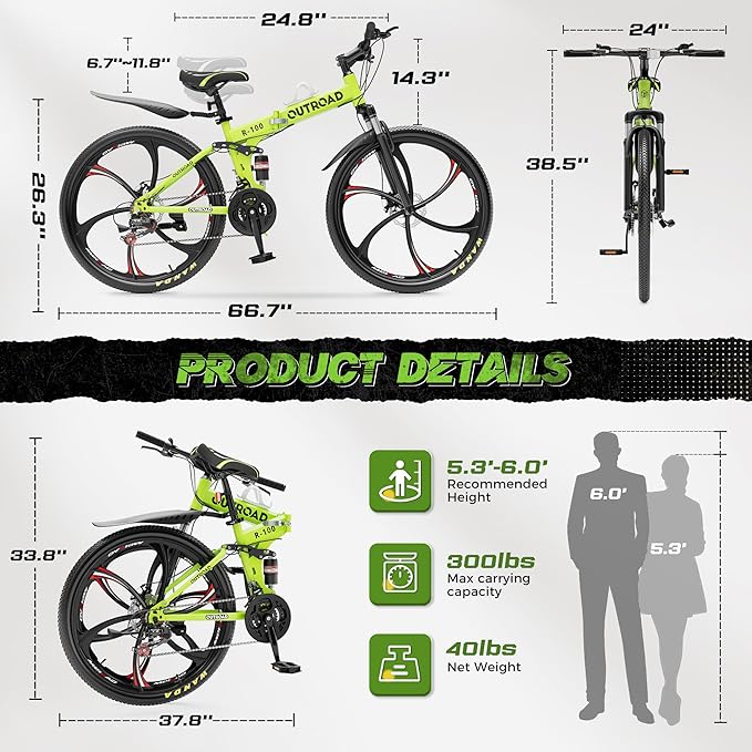Betterland 26 Inch Mountain Bike, 21 Speeds Full Suspension Folding Bikes, Dual Disc Brake, High Carbon Steel Frame and Non-Slip Quick Release tire Bicycle for Adult