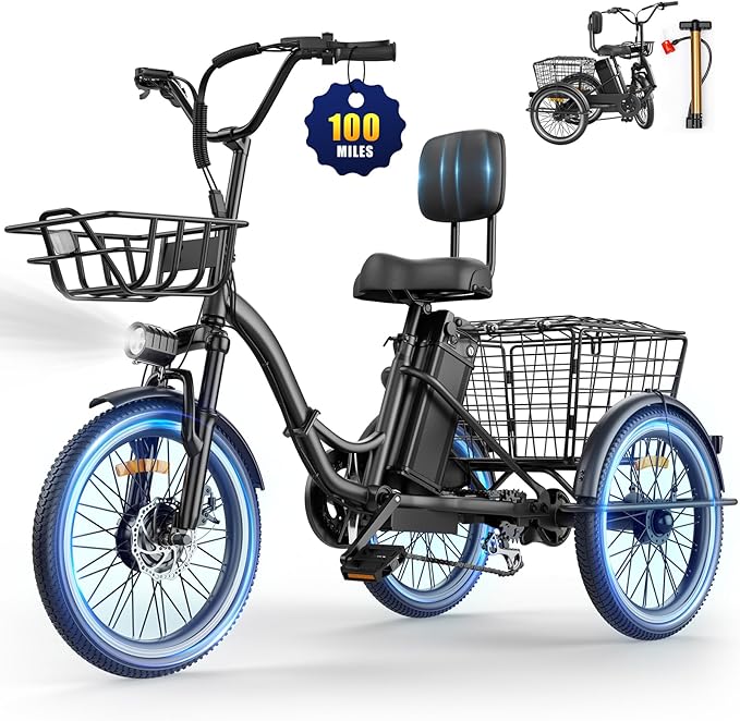 Electric Tricycle for Adults, Peak 1200W Electric Trike, Foldable Electric Bike with 468Wh/720Wh/960Wh Removable Battery, Step-Thru 3 Wheel Electric Bikes for Women Men, 20 Tire