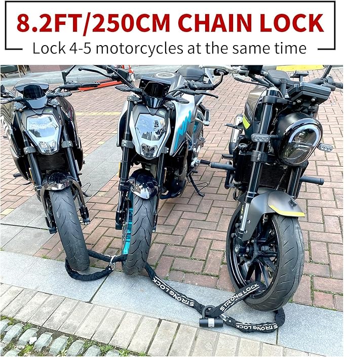 AKM Motorcycle Chain Lock Anti-Theft 8.2ft/250cm Super Long Durable 12mm Thick With 4 Keys Security 16mm U Lock for Motorcycles, Containers, Trailers, ATV