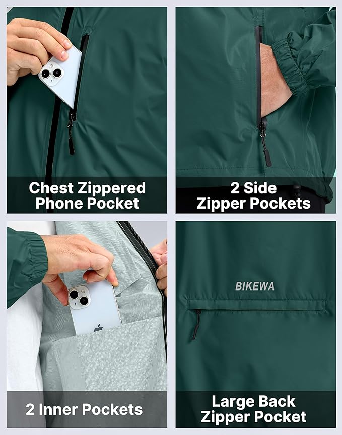 Bikewa Men's Cycling Rain Jackets Waterproof Running Bike Windbreaker Lightweight Packable Hooded Jacket