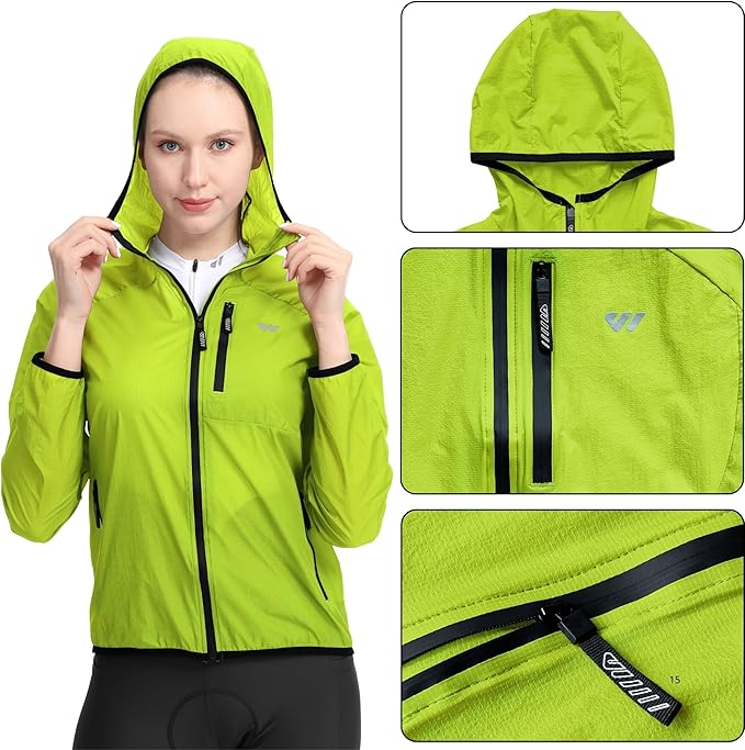 Wulibike Windbreaker Jacket Women Lightweight Rain Jacket Packable Reflective Hooded For Cycling,Hiking Outdoor Sports