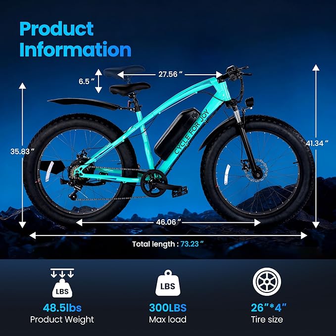Electric Mountain Bike for Adults, 1500W Peak 72Miles + 28 MPH, 26"x4" All-Terrain Fat Tire E Bike with Removable Battery, 7 Speed Front Suspension, Dual Brake, LCD & Horn(TUV & UL2849)