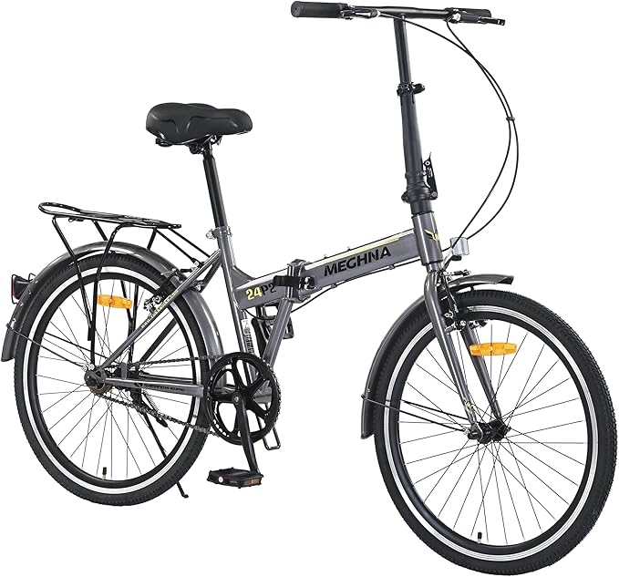 MEGHNA Folding City Bike 24 inch Wheel Single Speed/7 Speed Dual V Brakes Portable Foldable Bike with Rear Rack Bike Fenders City Bike for Women Men Junior for Trip Commuting to Work