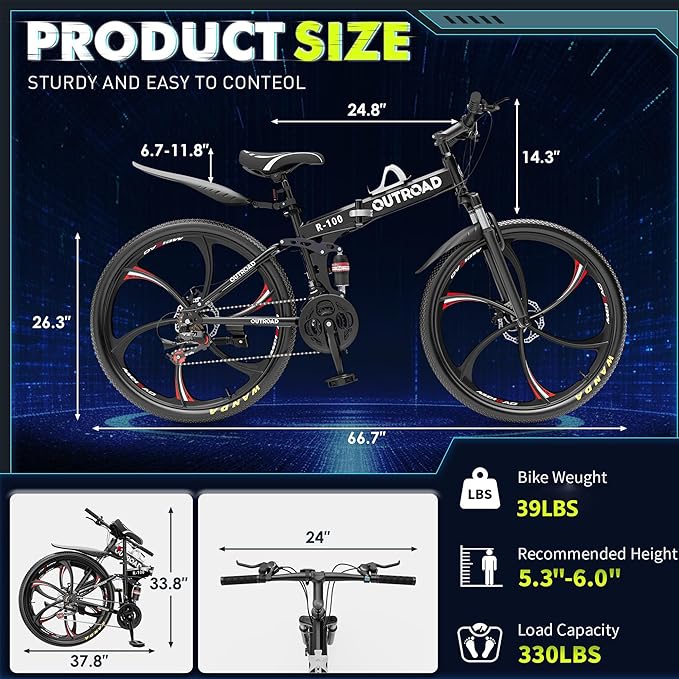 26 Inch Folding Mountain Bike, 21 Speed Full Suspension Bicycle Dual Disc Brake Non-Slip Quick Release tire for Adults Men Women(Balck/Pink/Green/Orange/White/Purple)