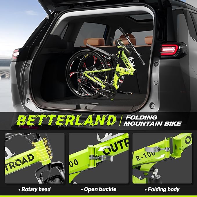 Betterland 26 Inch Folding Mountain Bike, 21 Speeds Full Suspension Foldable Bikes, Dual Disc Brake, High Carbon Steel Frame and Non-Slip Quick Release tire Bicycle for Adult (LH-Green)