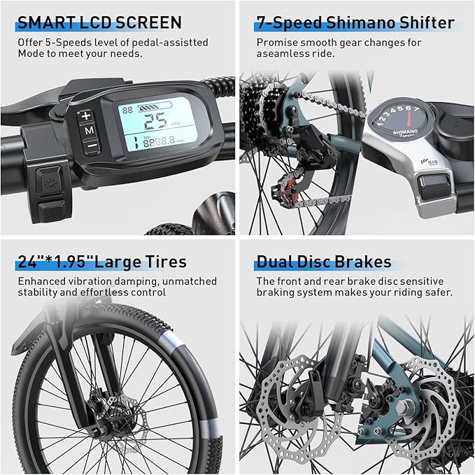 Electric Bike 24" / 26", 22Mph Speed & & Peak 750W Motor, 360Wh Lithium Battery & 7-Speed Gear, Max Range 40+ Miles(Pedal-Assist), Electric Mountain Bicycle for Adults Women Men