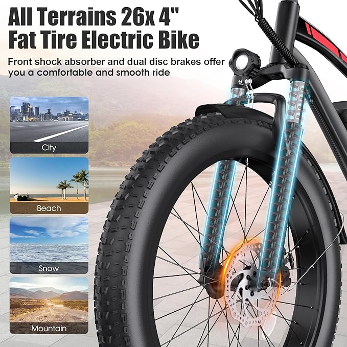 Electric Bike for Adults, 1000W Peak 25MPH 60Miles Ebike,48V 13AH Battery Electric Mountain Bike, 26" x 4'' Fat Tire Electric Bicycle with Rear Rack, Fenders, 7 Speed, UL 2849 Certified