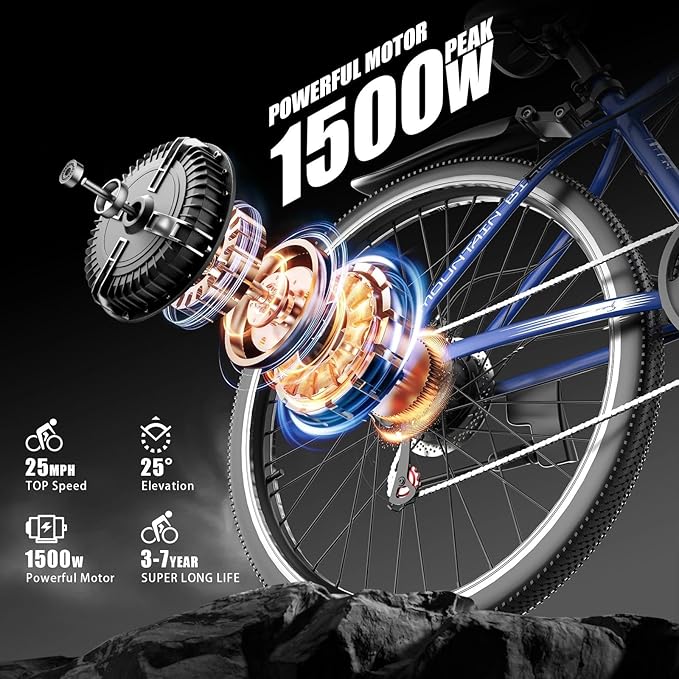 ASKGO Electric Bike for Adults, 1500W Peak Motor, 25Mph, 65Miles, 48V 10AH Removable Battery, 26“ Mountain Ebike with 7-Speed Gear for Beach Snow Commuter