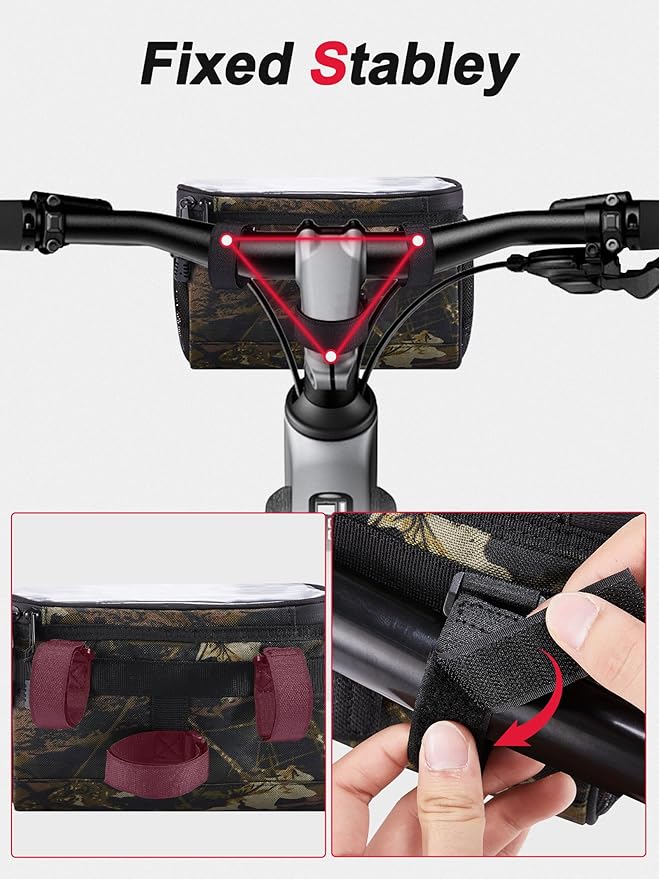 Camouflage Bike Handlebar Bag - Touchscreen Phone Holder, Secure Closure - Front Frame Pouch for Mountain/Road Bikes