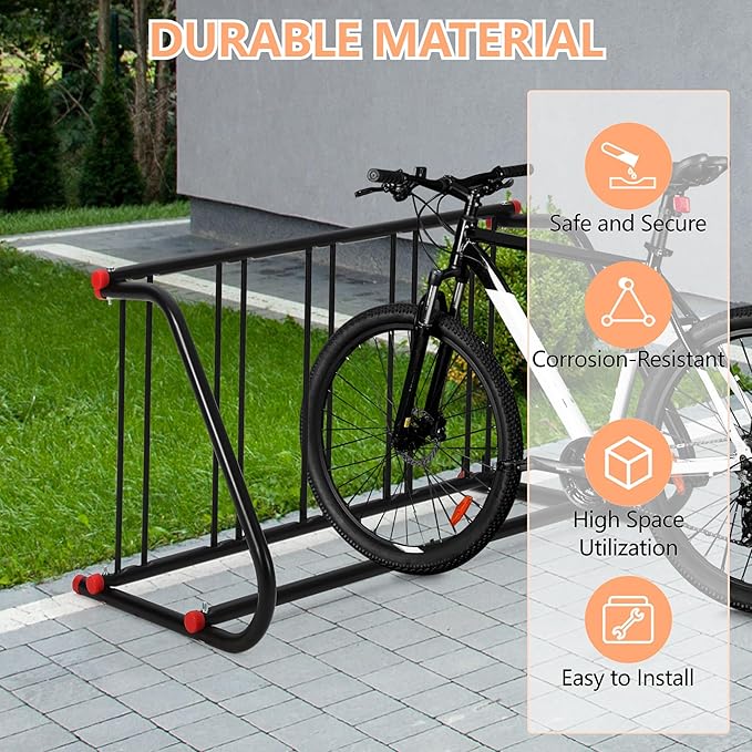 Sigle-Side 5-Bike Commercial Bike Rack Outdoor, 5-Bike Heavy Duty Steel Grid Floor Rack, Freestanding Parking Stand for Outdoor, Garage, School, Store, University, Yard & Public Spaces