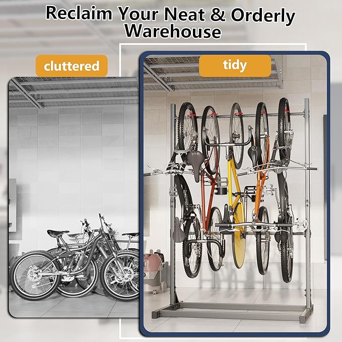 GIOTORENT Freestanding Bike Rack, Vertical Bike Stand for Garage Storage, Heavy Duty 5-Bike Floor Rack with Adjustable Height & Hooks, Space Saving Bike Organizer for Garage, Stable Bike Storage Rack