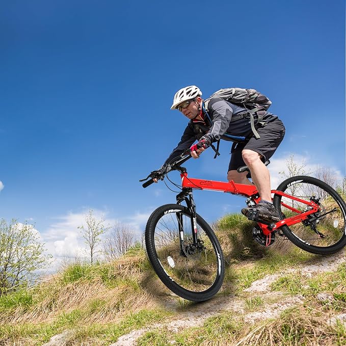 24/26/27.5 Inch Foldable Bikes for Adults 21 Speed Mountain Bike, Adult Bicycle with High Carbon Steel Frame, Full Suspension, Dual Disc Brake & Adjustable Ergonomic Seat(Black/Red)