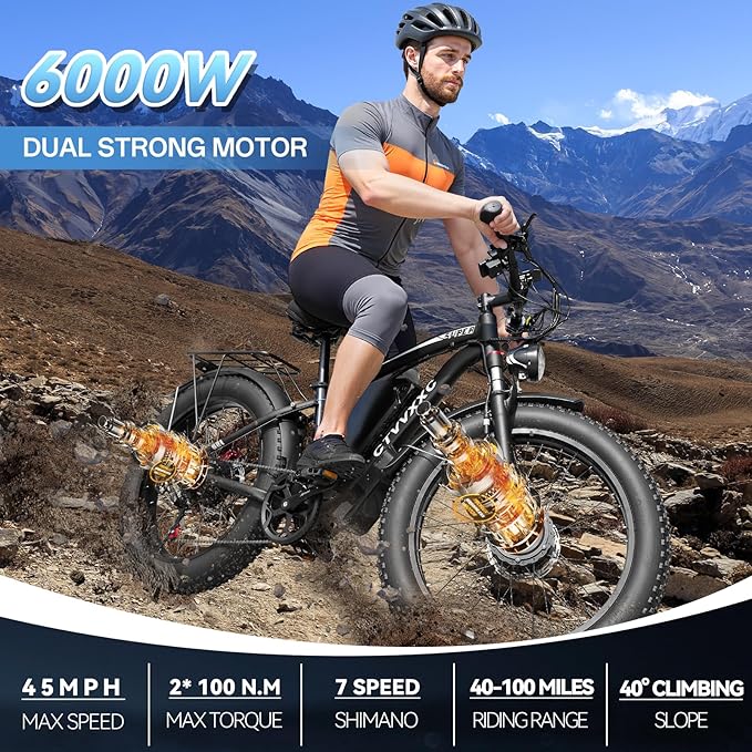 6000W Peak Dual Motor Ebike for Adults - 52V 34Ah Fast Electric Bike for Men Women 45 MPH,Up to 100 Miles,24" Fat Tire Lockable Suspension Electric Bicycle for Snow Off-Road Commuter Mountain E-Bike