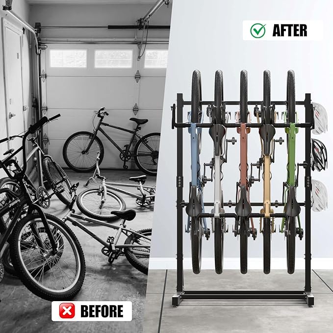 sogiv Freestanding Vertical Bike Storage Stand, Heavy Duty 5-Bike Capacity Floor Rack for Garage & Indoor, Space-Saving Bicycle Organizer