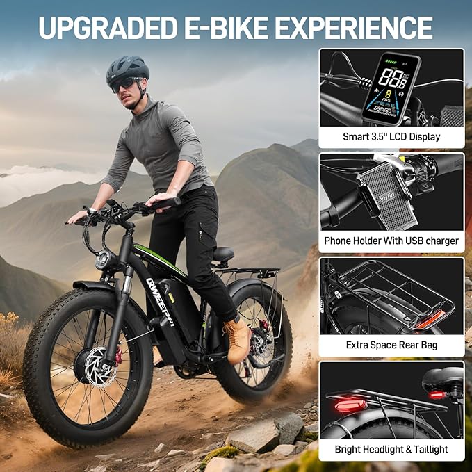58V Max-Output Dual Motor Ebike, Peak 9000W for Adults 36AH Battery 47MPH 105 Miles Range 24 Inch Fat Tire Electric Bike LCD Display for Man Women