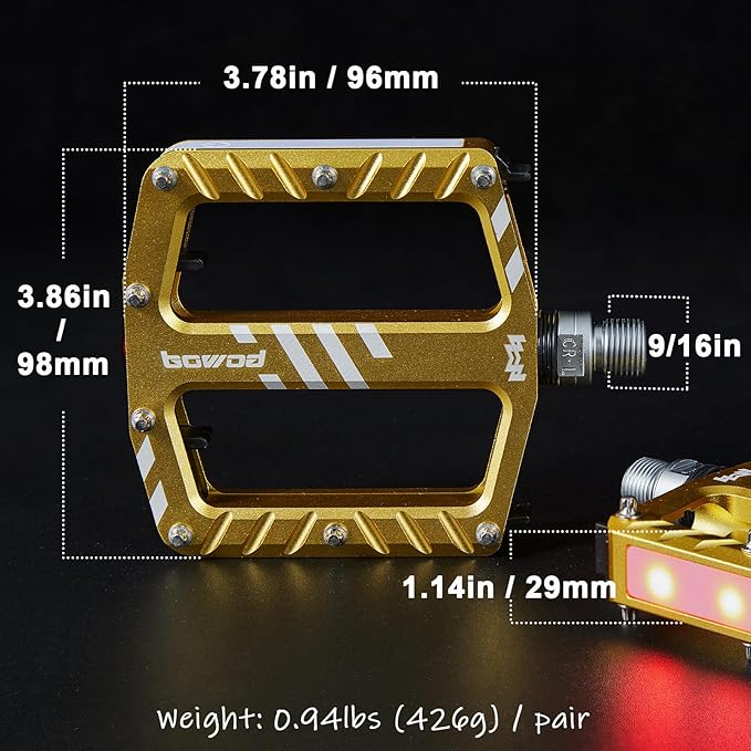 Bicycle Pedals with LED lights 5 Modes, Tap On-Off, USB Rechargeable, Waterproof, Flat CNC Aluminum Road Bike Pedals w 9/16" Cr-Mo Steel Axel w Pin, for Ebike, Commuter, Hybrid, City, Beach Bike