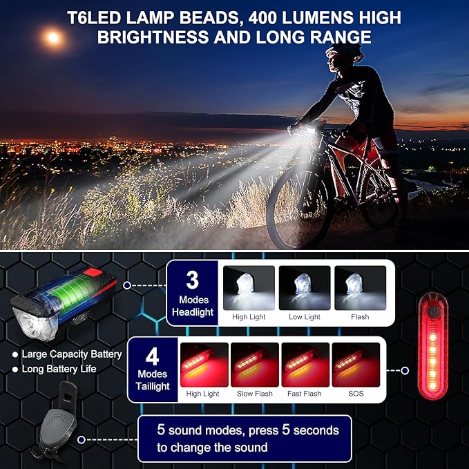 Bike Light, Sloar & USB Rechargeable Bicycle Light Set with Horn, Super Bright LED Bike Lights for Night Riding Front and Back, Waterproof Safety Headlight and Rear Taillight Set