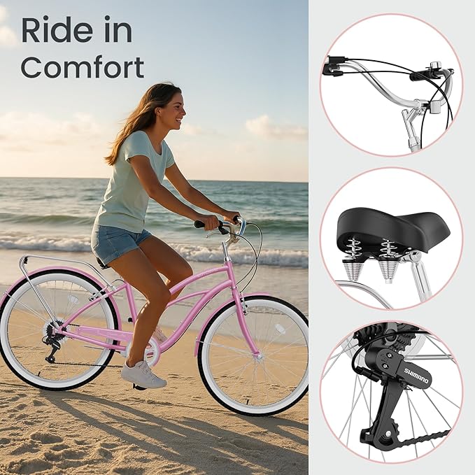 MOPHOTO 24" 26" Adult Bike 7-Speed Beach Cruiser Bike for Adults, Rear Rack, Fenders, Step-Through or Classic Frame