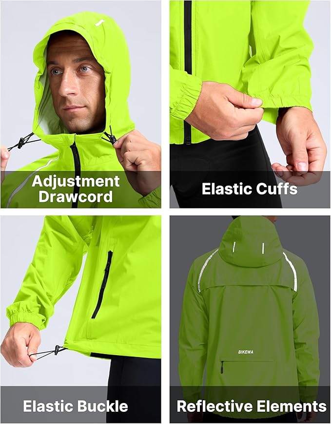 Bikewa Men's Cycling Rain Jackets Waterproof Running Bike Windbreaker Lightweight Packable Hooded Jacket