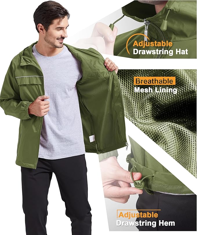 GEEK LIGHTING Rain Jacket Men Lightweight Waterproof Jackets Packable Windbreaker Hooded Raincoat for Golf Cycling Outdoor
