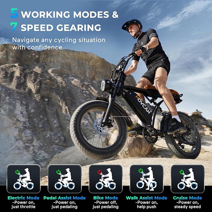 Movcan V60/V60 Pro Electric Bike, 48V 15.6/18.2Ah Removable Battery 20” Fat Tire Electric Bike, 1000/1500W Motor 30/33MPH Top Speed Electric Motorcycle, for Commute/Offroad/School/Rain/Snow Riding.