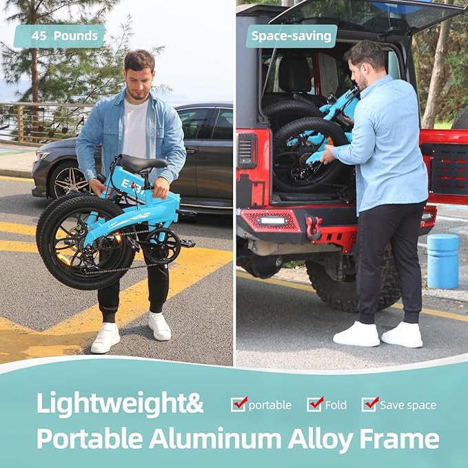 20" Folding Electric Bike for Adults, 850W Lightweight Foldable Ebike, 4lbs,60+ Mile Range, 25mph Top Speed, Fat Tire Electric Bicvcle