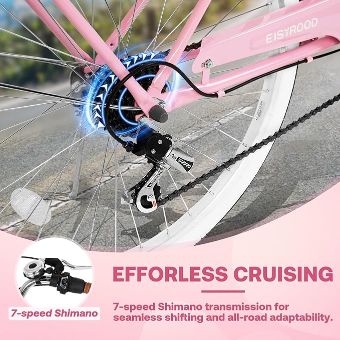 26 Inch Folding Beach Cruiser Bike for Women, 7-Speed Ladies Bike with Basket & Rack, Perfect for City Commuting's Bicycle, Ideal for Women and Adults