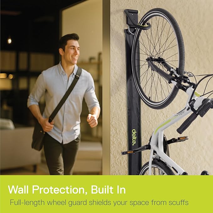 Delta Wall Ride Bike Rack Wall Mount with Tire Wall Guard (4-Pack) Cycle – Vertical Bike Mount Holds Up to 100 lbs – Fully Adjustable Vertical Hook Design Provides Easy Bicycle Storage