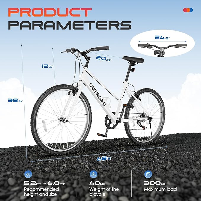 26 inch 7-Speed Commuter Bicycle,Men's Cruiser Bike/Mountain Bike/Hybrid Bicycle,V Brake,Metal Frame, Adult Bike (Black, White, Blue, Green, Purple, Pink)