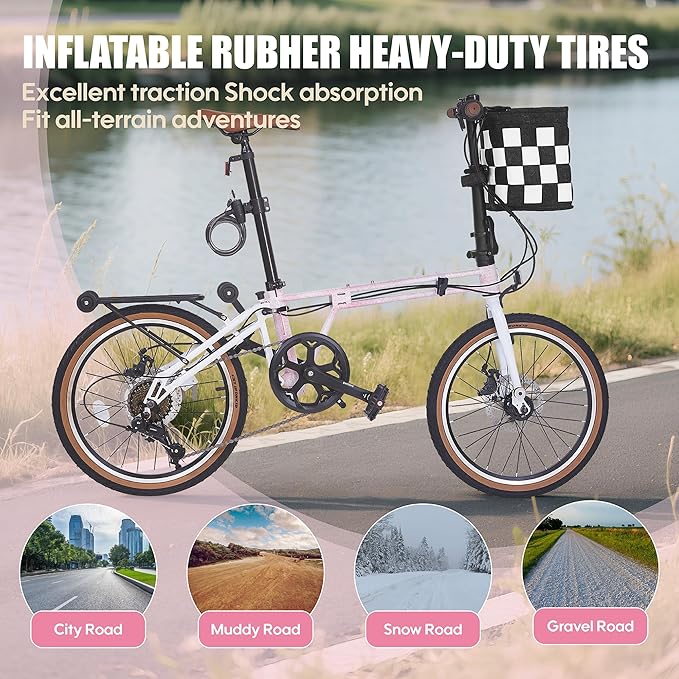 20 Inch Folding Bike, 7-Speed Foldable Bike for Adults Women Men, Folding Bicycles with Basket for Adults, Commuter Bikes with Front and Rear Disc Brakes, Adjustable Seat