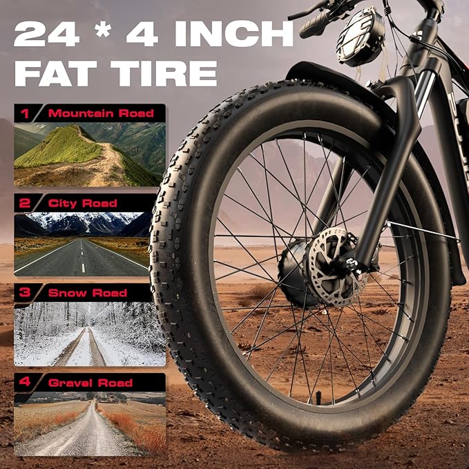 4000W Dual Motor Ebike with 52V 25Ah Removable Battery for Adults,Max Speed 38MPH Up to 100 Miles,24" Fat Tire Electric Bike for Snow Off-Road Commuter Mountain E-Bike for Men
