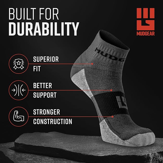 MudGear Quarter Crew Trail Socks, Blister-Resistant, Sweat-Resistant & Quick-Drying, Cushioned Footbed, Made in USA, 2-Pack