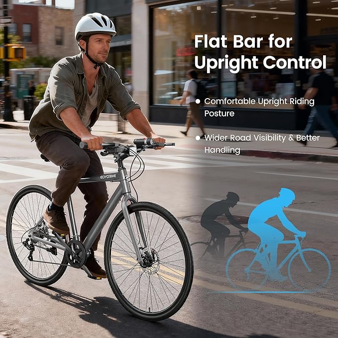 MOPHOTO Hybrid Bike for Adults, 700C City Commuter Bicycle, Lightweight Aluminum Frame, 8-Speed Urban Fitness Bike for Men&Women, Dual Disc Brakes, Upright Flat Handlebar, LED Headlight & Reflectors