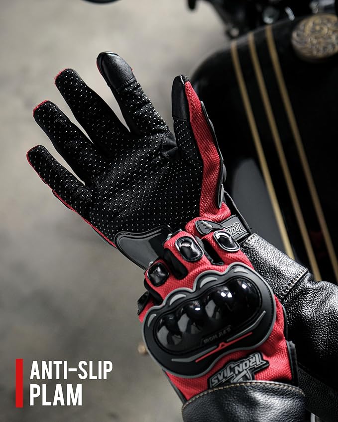 IRON JIA'S Motorcycle Gloves Motorbike Red Short Sports Leather Summer for Touch-Screen