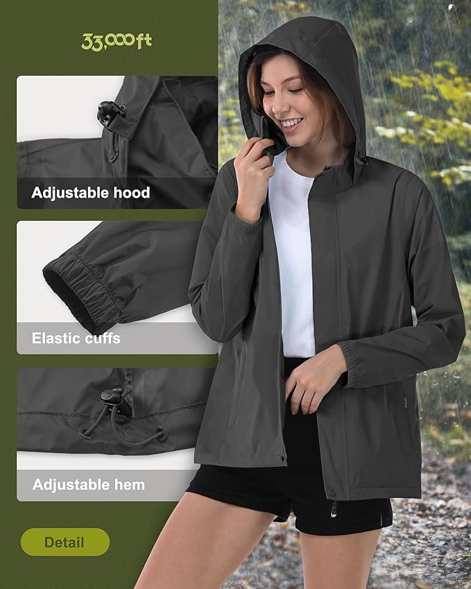 33,000ft Women's Rain Jacket Waterproof Lightweight Packable Raincoat with Hood for Golf Hiking Travel Windbreaker