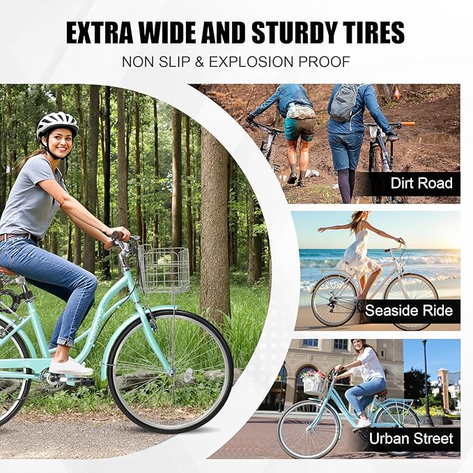 Ktaxon Women Bike 24/26 Inch Bicycles for Women, Beach Cruiser Bike with Premium Derailleur & Shift Lever, Adjustable Seat, High-Carbon Steel Frame and Excellent Welding Technology | Premium Derailleur, Shift Lever, Adjustable Seat