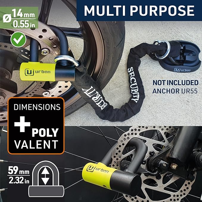 Urban UR59120 Mini U Lock with Chain Loop 120 cm/3.9ft, Dual Function Safer & Lighter for Motorcycle Disc Lock, High Security Double Locking, Universal Anti Theft for Motorcycle, Scooter, Bicycle