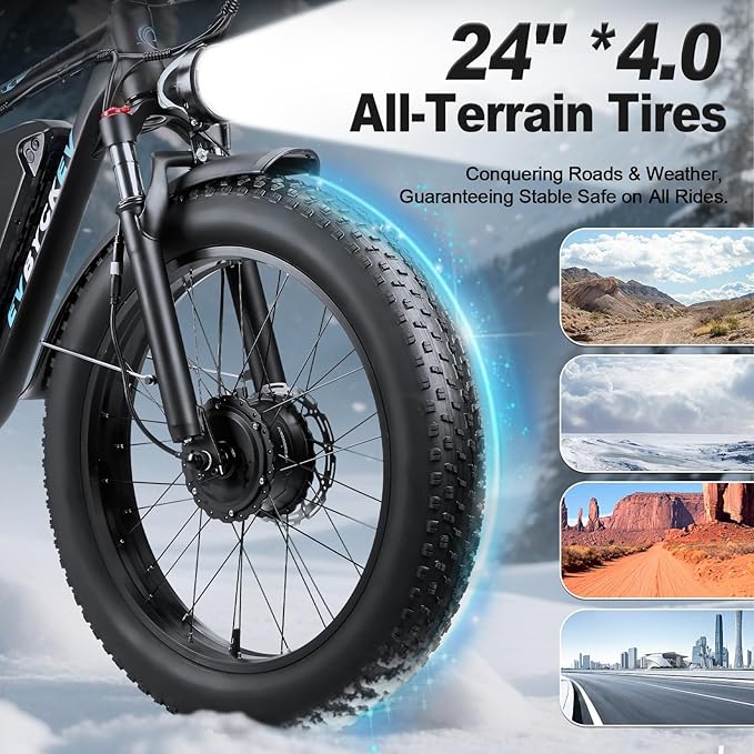 8000W Peak EBike for Adults, 34Ah 58V Max-Output 1856Wh Dual Motor Electric Bike, 47MPH Fast Ebike,Up to 105Miles 24" x4.0 Fat Tire E Bike,Full-Suspension Mountain E-Bike for Sand Snow Beach