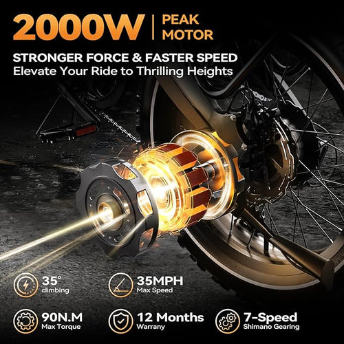 2000W/3000W Peak Motor Electric Bike for Adults, 48V/52V 25AH/30AH Battery Full Suspension Foldable Ebike, 20"x4.0" Fat Tires 35MPH Dirt Bike, 100/120 Miles Hydraulic Brake Magnesium Alloy Motorcycle