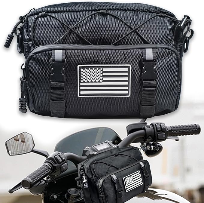 Universal Black Motorcycle Handlebar Bag - Water-resistant American Flag 1680D Tool Bag for Motorbike, Cruiser, Softail, Dyna, Sportsters, Dirt Bike, ATV