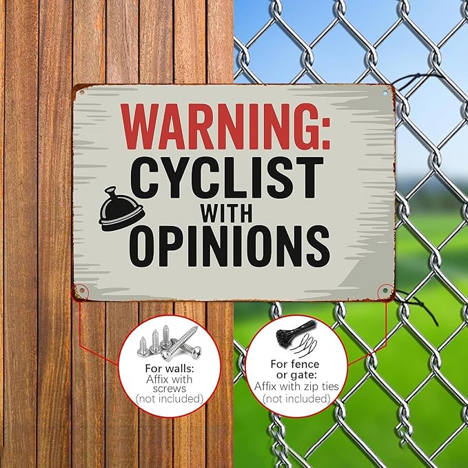 Warning Cyclist With Opinions Left Bell Cycling Vintage Funny Wall Decor Retro Metal Sign Poster for Garage Man Cave Bathroom Bedroom Farm Inspirational Popular Wall Art 8x12 Inch Signs Posters
