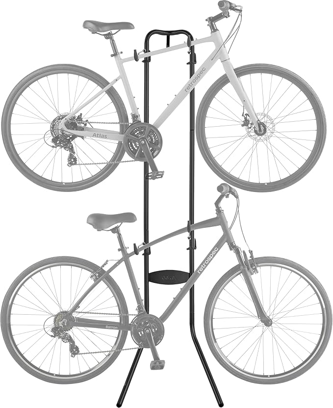 Retrospec Double Decker Vertical Garage Bike Rack - Free Standing Floor Storage Stand for 2 Bikes, 80lb Capacity, No Drilling Required - Adjustable Arms & Rubber Bumpers